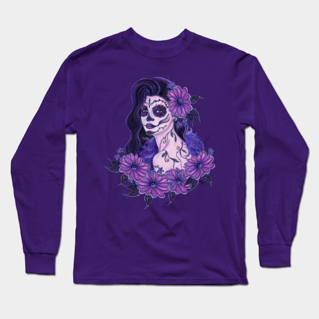 Day of the dead purple gerbera daisy art by Renee Lavoie Long Sleeve T-Shirt by ReneeLLavoie